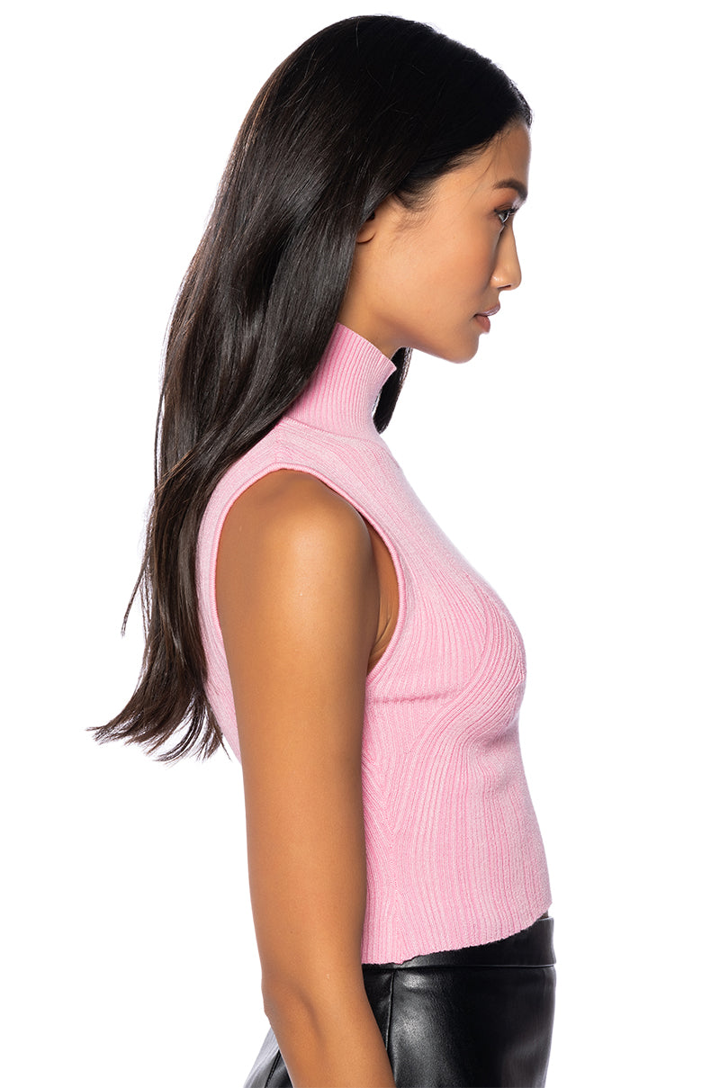 Back View Paxton Sleeveless Turtleneck Rib Crop Sweater In Light Pink