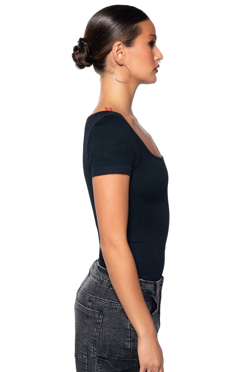 Back View Paxton Square Neck Seamless Short Sleeve Bodysuit In Black