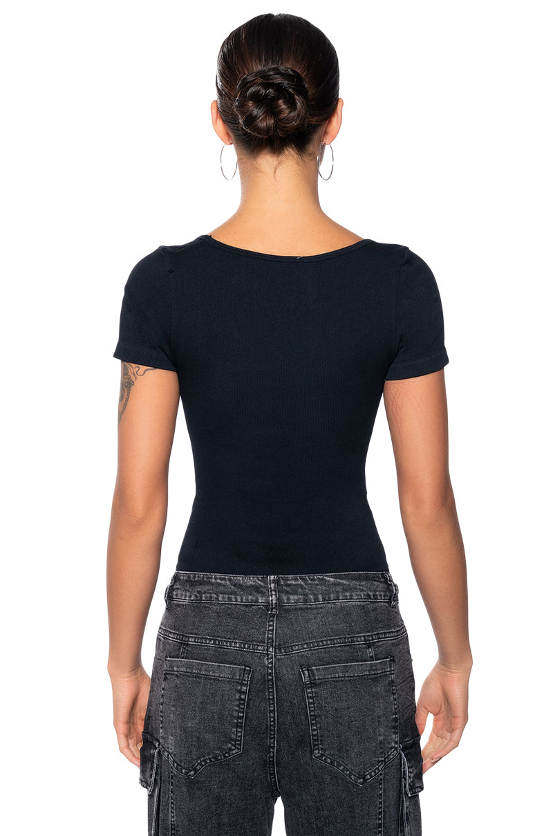 Detail View Paxton Square Neck Seamless Short Sleeve Bodysuit In Black