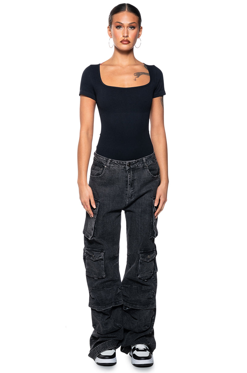 Extra View Paxton Square Neck Seamless Short Sleeve Bodysuit In Black