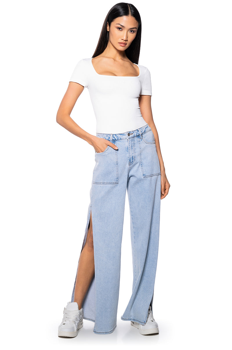 Side View Paxton Square Neck Seamless Short Sleeve Bodysuit In White