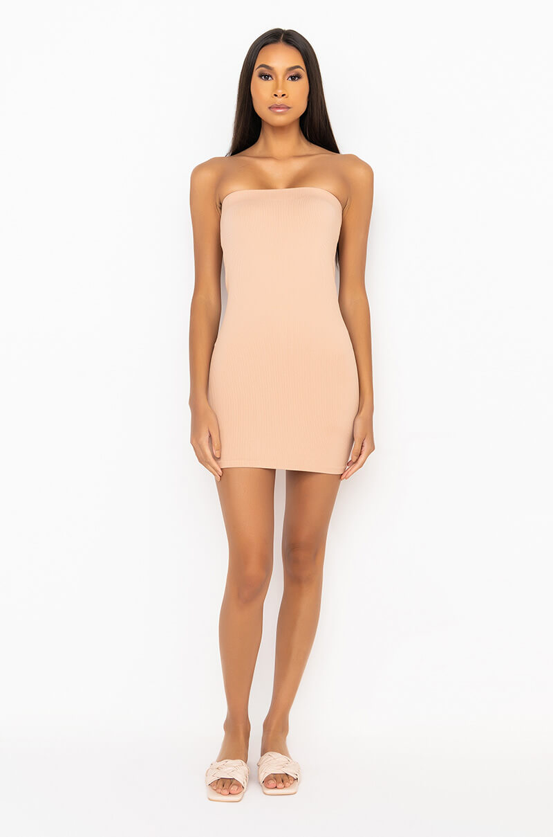 blue dress for baby girl PAXTON SUCK IT UP LAYERING ESSENTIAL TUBE DRESS BEIGE – AKIRA