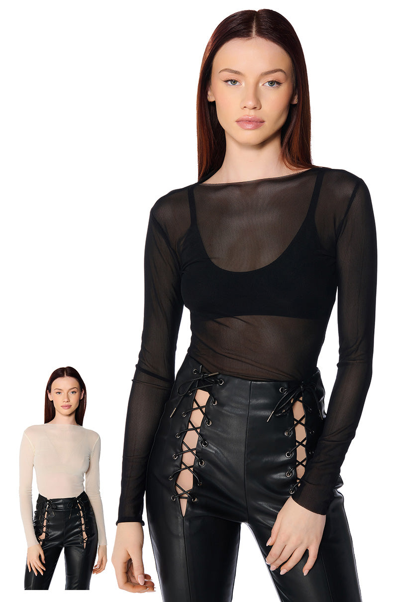Front View Paxton Two Pack Raw Hem Long Sleeve Mesh Tees In Black And Cream