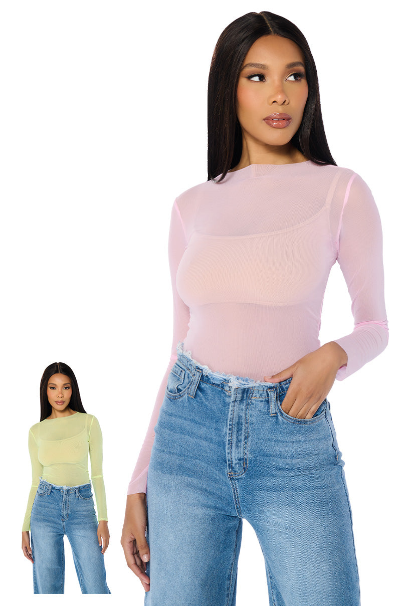 Front View Paxton Two Pack Raw Hem Long Sleeve Mesh Tees In Pink And Yellow