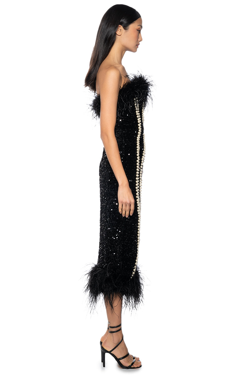 Back View Pearlescent Strapless Embellished Bodycon Midi Dress