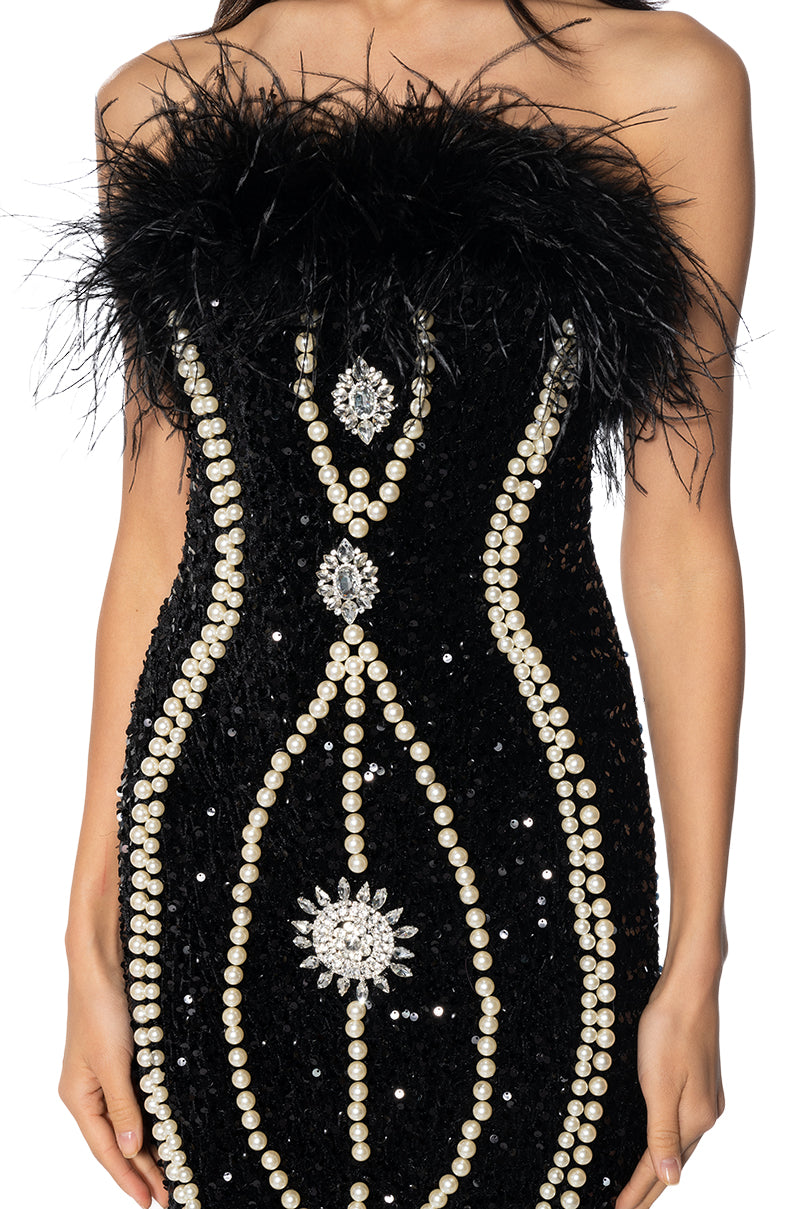 Full View Pearlescent Strapless Embellished Bodycon Midi Dress