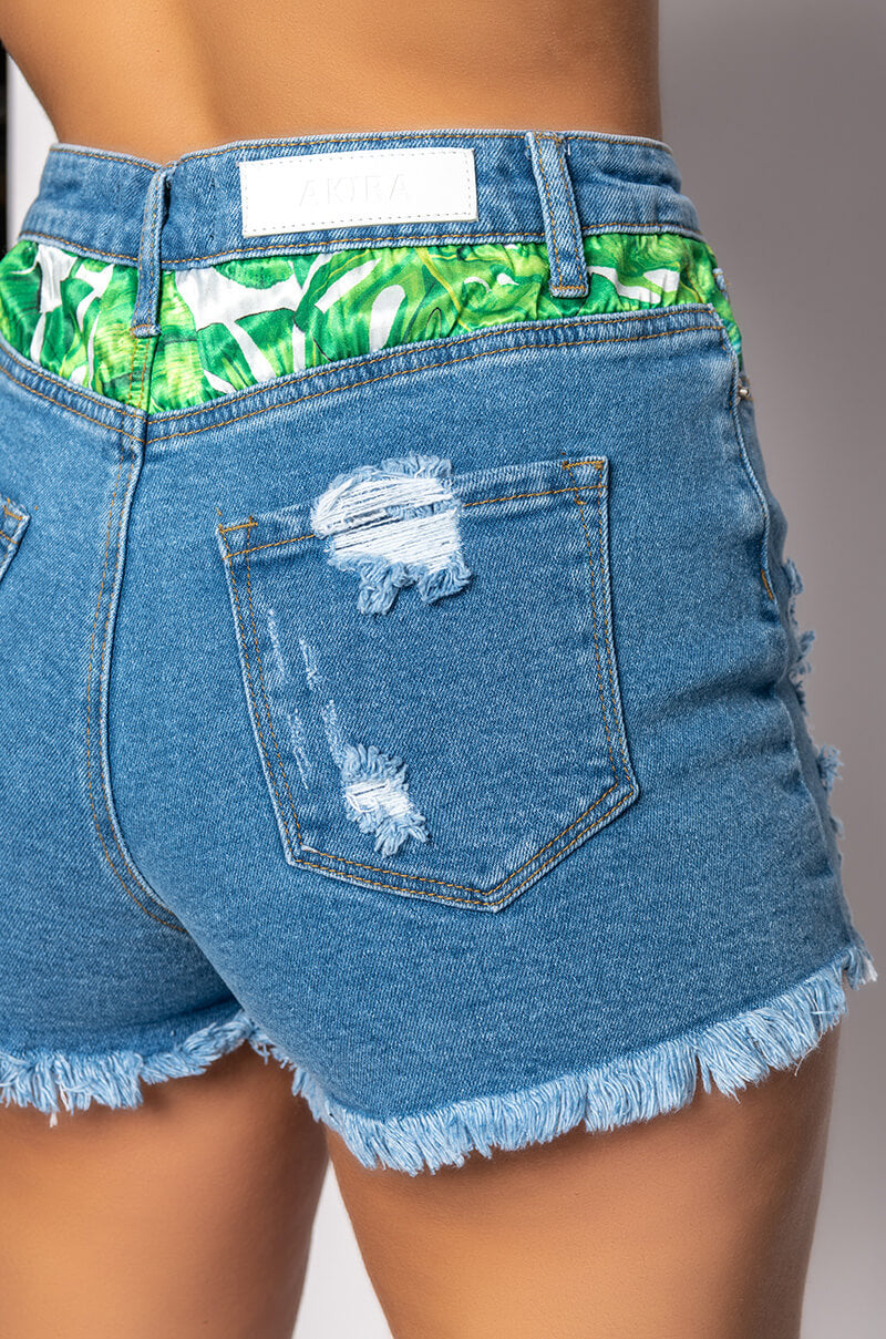 Extra View Peekaboo Leaf Print High Rise Distressed Jean Shorts