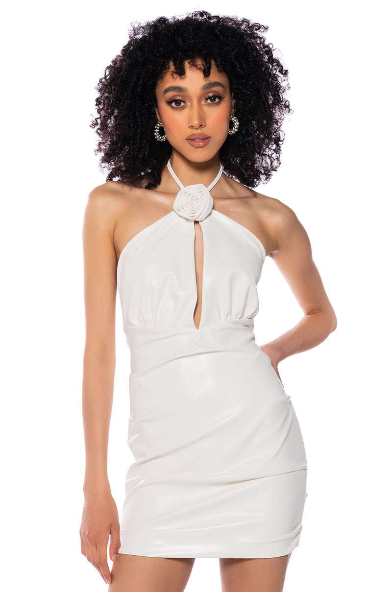Side View Peekaboo Ruched Halter Mini Dress In White