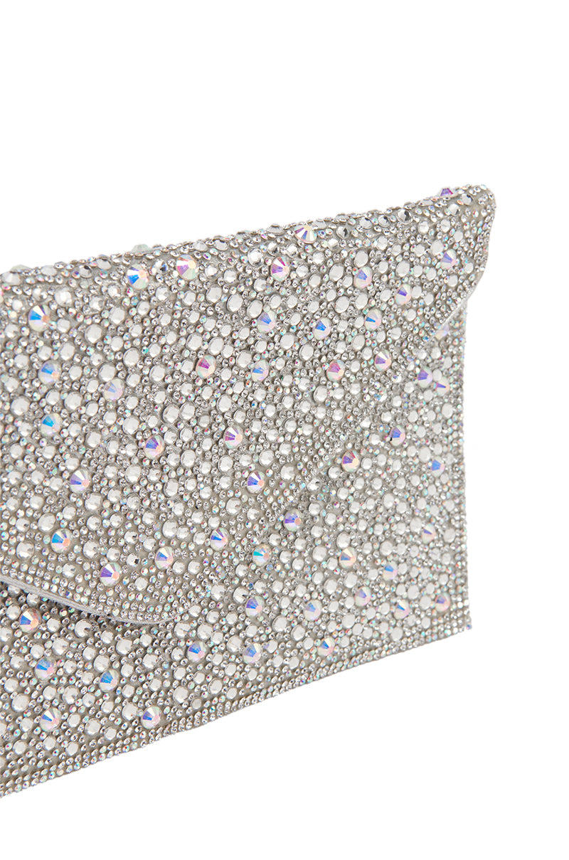 PEONY SILVER RHINESTONE EMBELLISHED CLUTCH – AKIRA