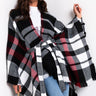 Front View Peppermint Mocha Me Plaid Wrap Poncho in Red Multi