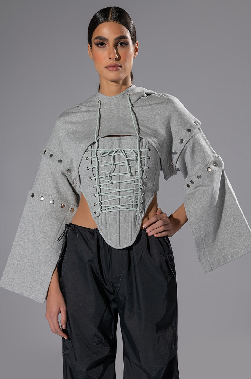 Front View Persuasive Corset And Cropped Convertible Hoodie Set