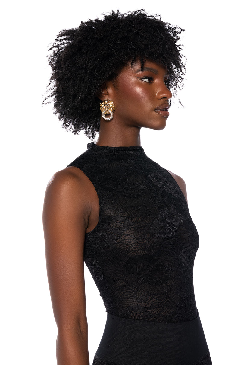 Side View Phoenix Stretch Lace Mock Neck Bodysuit In Black