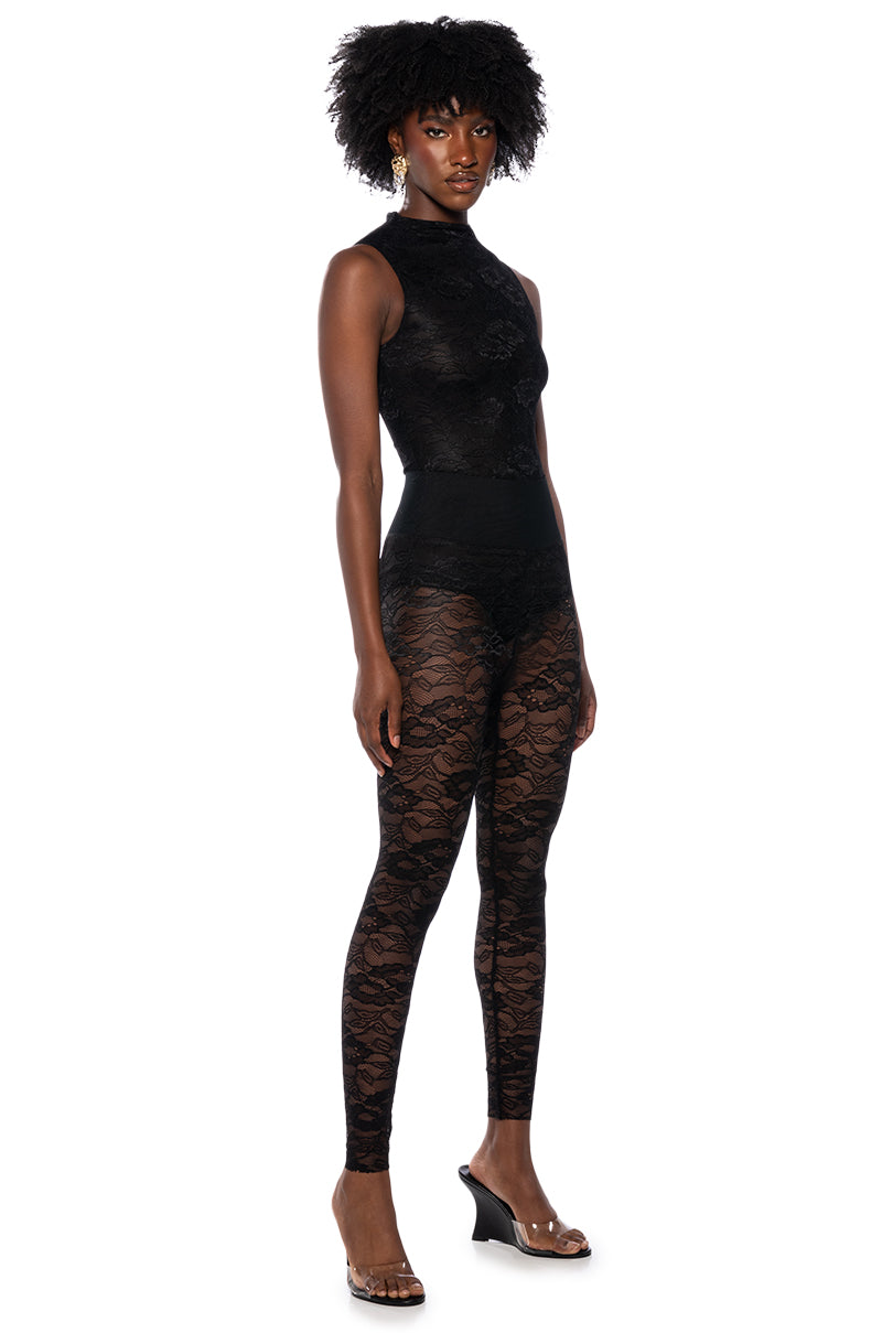 Back View Phoenix Stretch Lace Mock Neck Bodysuit In Black