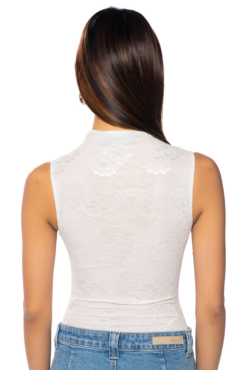 Full View Phoenix Stretch Lace Mock Neck Bodysuit In White 4
