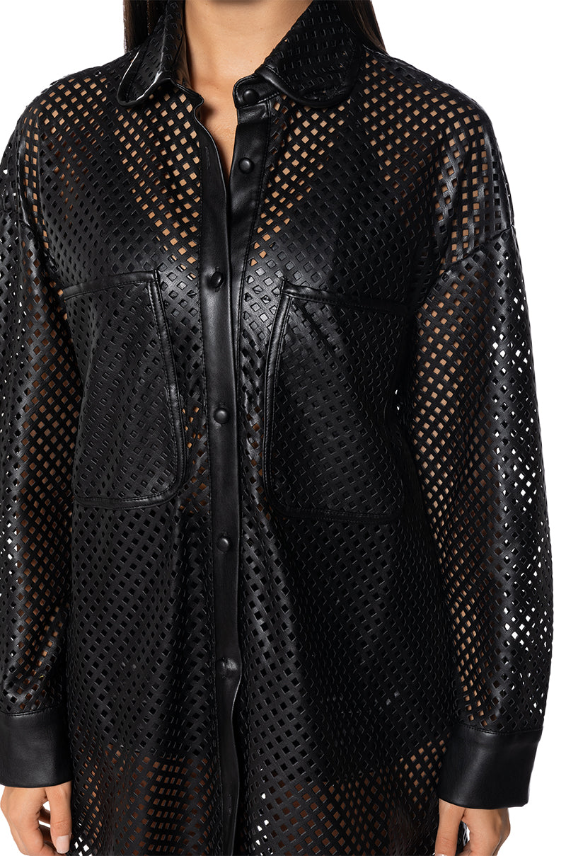 LASER CUT VEGAN LEATHER BUTTON DOWN DRESS AKIRA LASER CUT VEGAN LEATHER BUTTON DOWN DRESS AKIRA