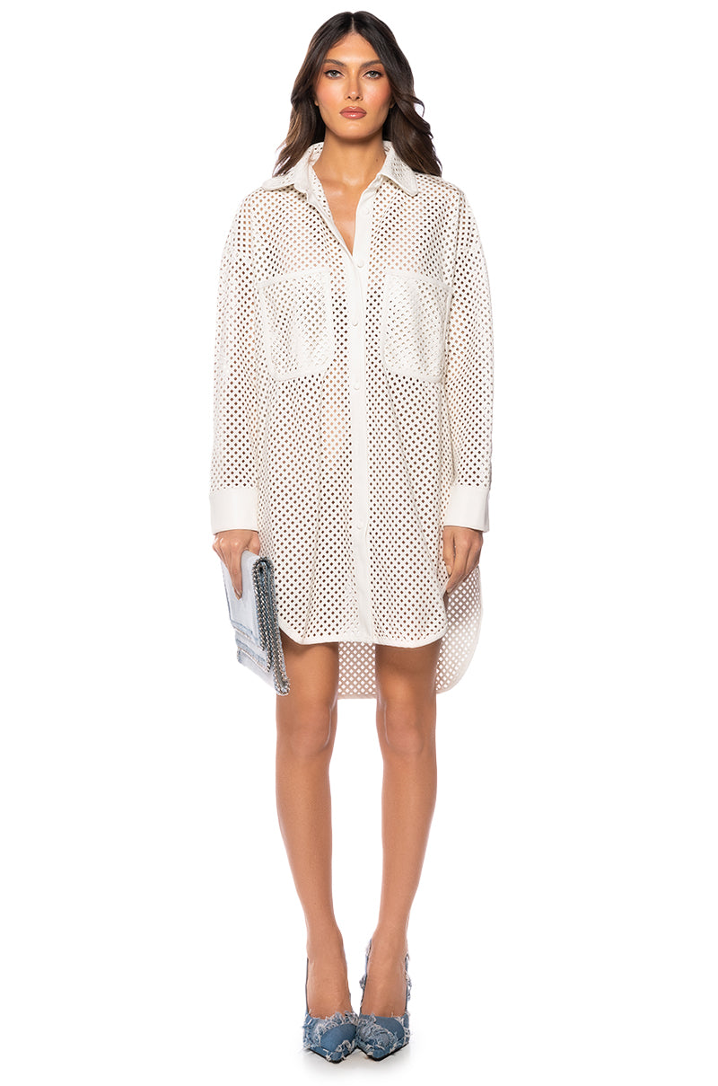 PICNIC MODE LASER CUT FAUX LEATHER BUTTON DOWN MINI DRESS IN WHITE AKIRA PICNIC MODE LASER CUT FAUX LEATHER BUTTON DOWN MINI DRESS IN WHITE AKIRA