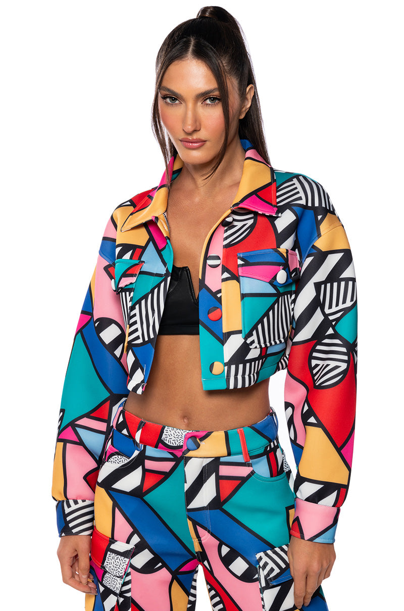 Front View Piece Of Art Scuba Cropped Button Down