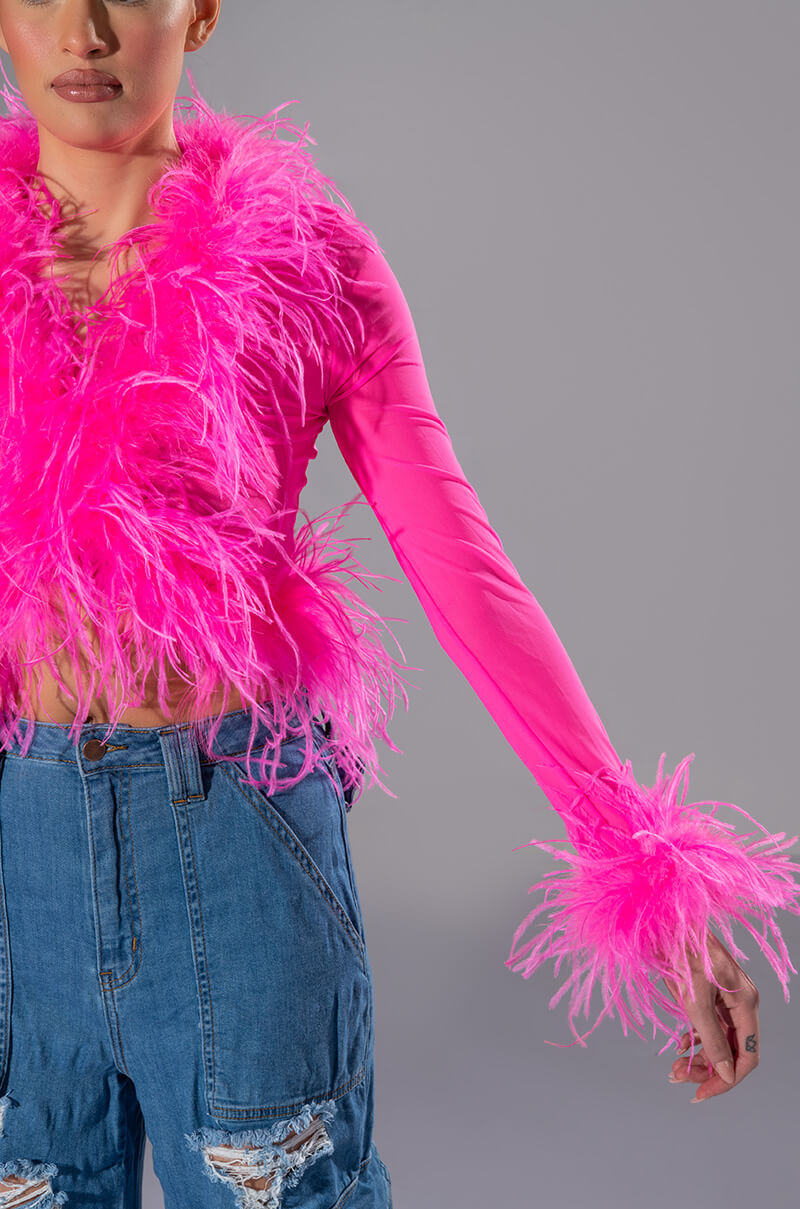 Extra View Pink Angel Mesh Feather Trim Top
