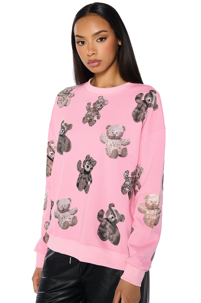 Side View Pink Baby Bear Crew Neck Embellished Sweatshirt