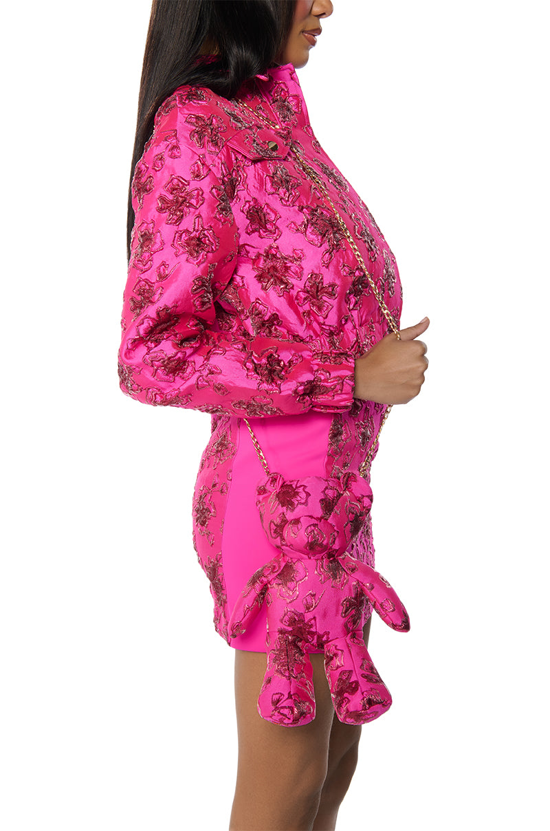 Front View Pink Brocade Bear Bag