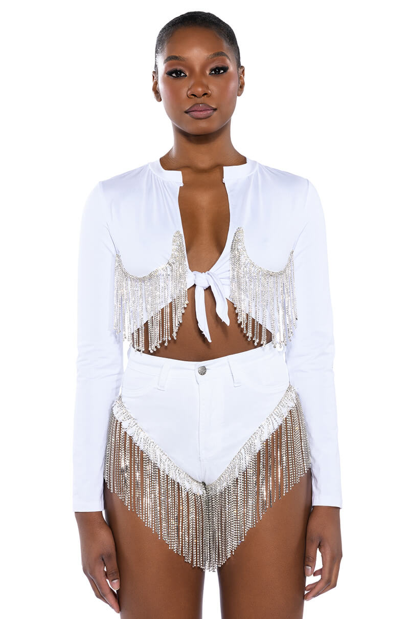 Front View Piping Hot Rhinestone Tie Front Long Sleeve Tshirt