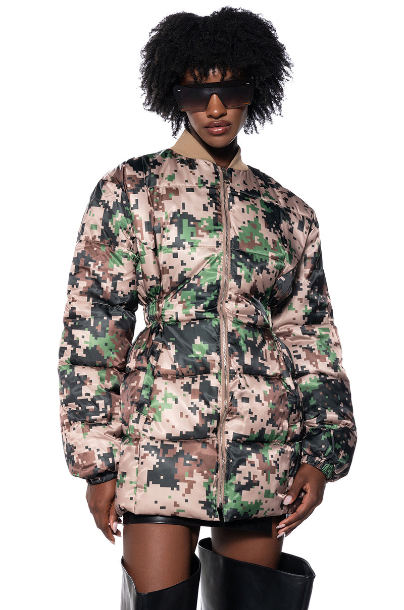 PIXIL CAMO PEPLUM PUFFER JACKET view 0
