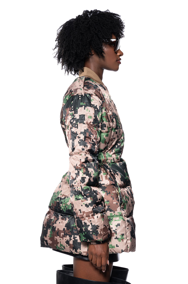 Full View Pixel Camo Peplum Puffer Jacket