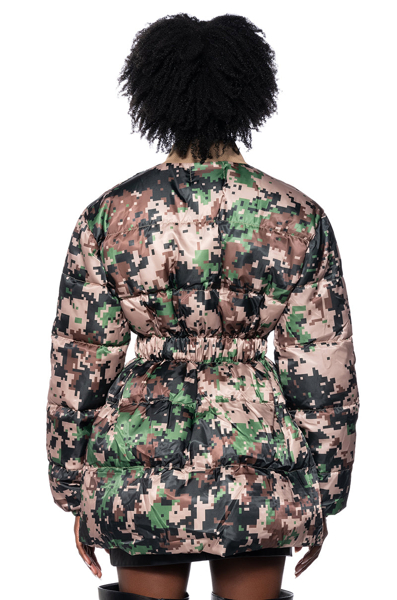 Extra View Pixel Camo Peplum Puffer Jacket