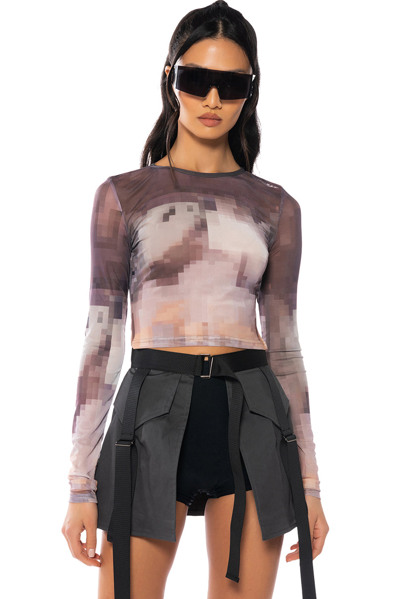 Front View Pixel Perfect Mesh Long Sleeve Top