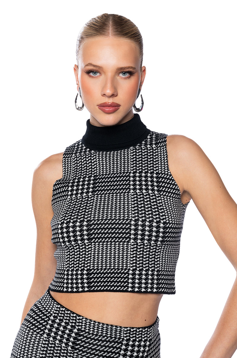 Front View Plaid About You Knit Mock Neck Cropped Top