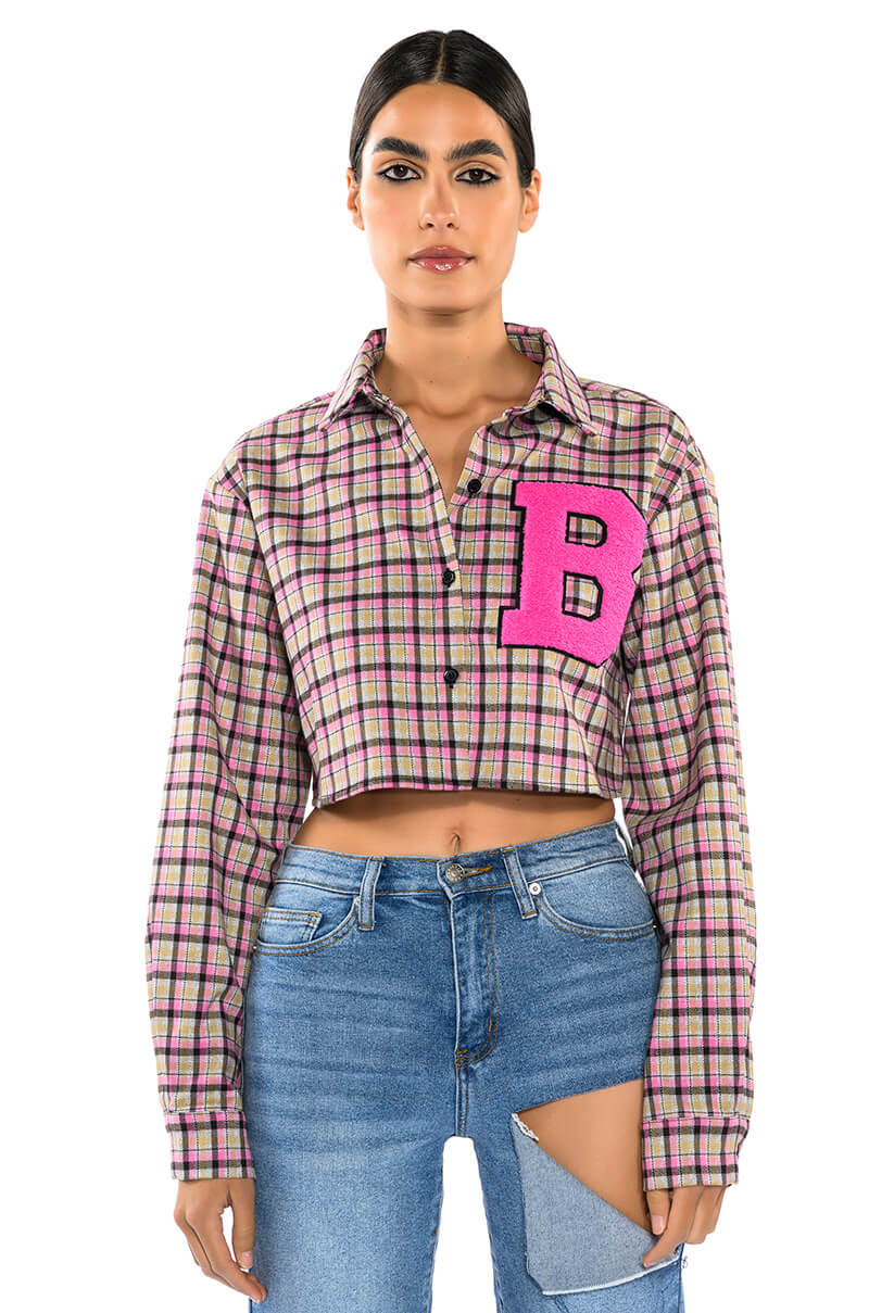 Front View Plaid B Long Sleeve Blouse
