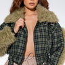 Front View Plaid Faux Fur Trim Puffer