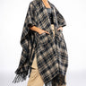 Front View Plaid Pu Fringe Poncho