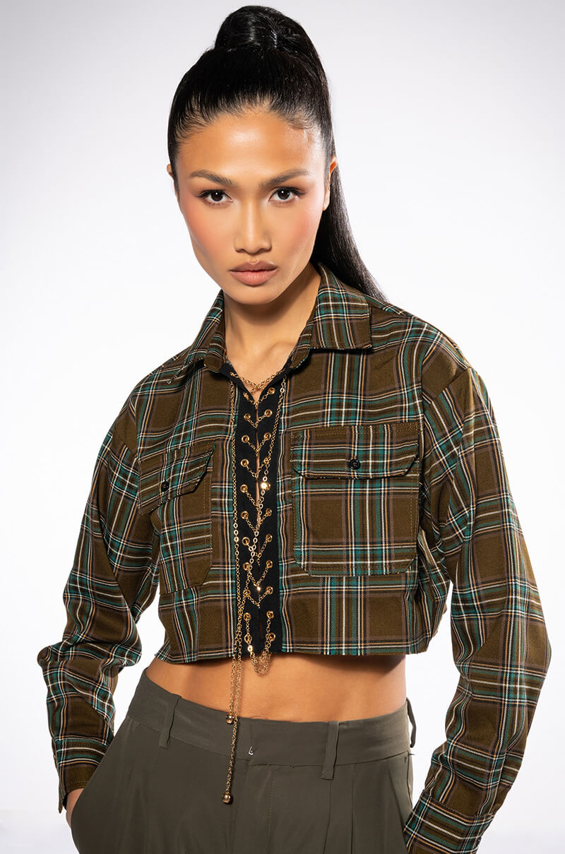 Front View Plaid Romance Chain Lace Up Cropped Blouse