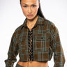 Front View Plaid Romance Chain Lace Up Cropped Blouse