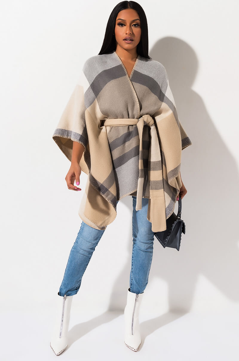 Front View Plaid Tie Front Poncho in Taupe Grey
