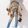 Front View Plaid Tie Front Poncho in Taupe Grey