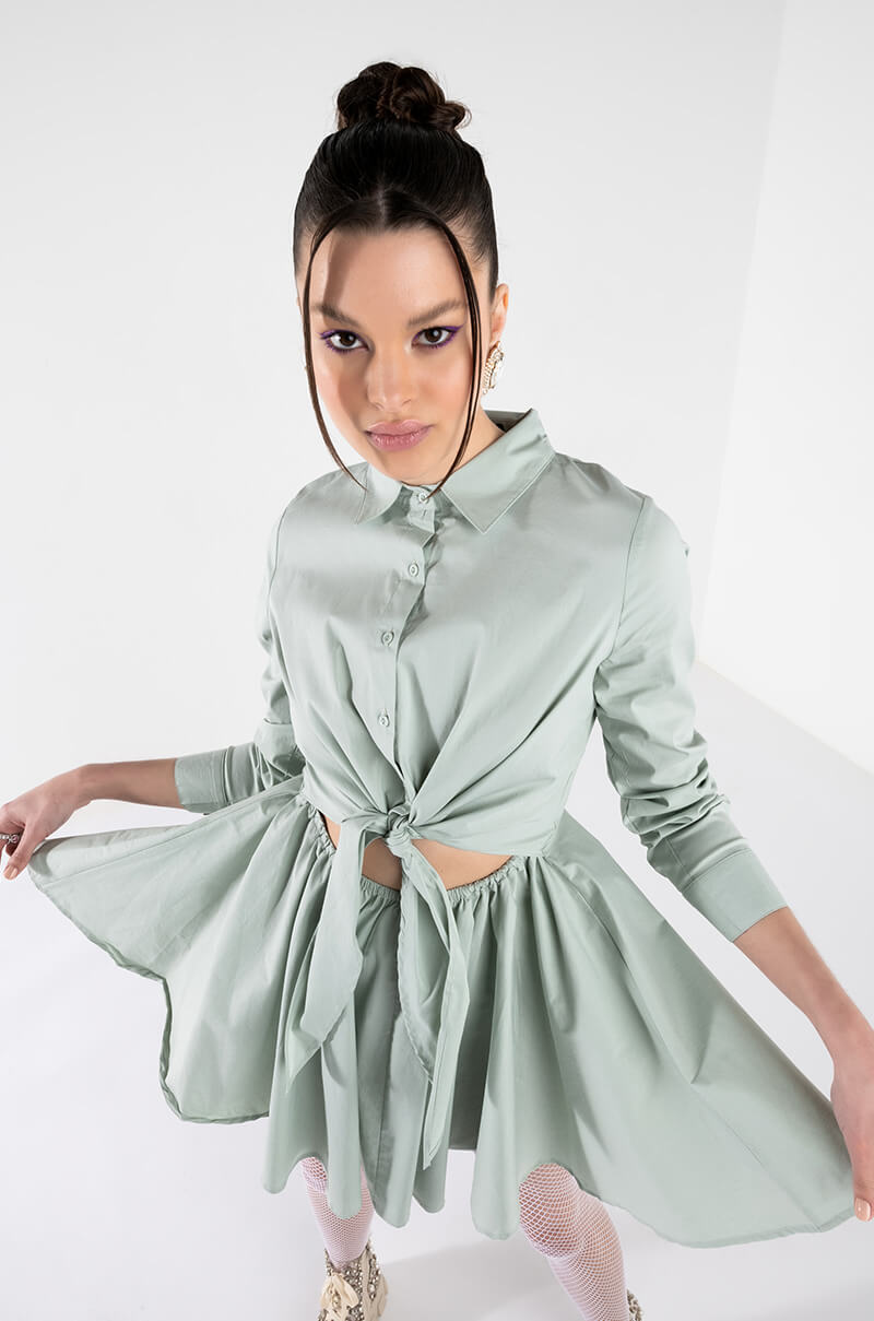 Front View Please Dont Go Fit And Flare Front Tie Mini Dress