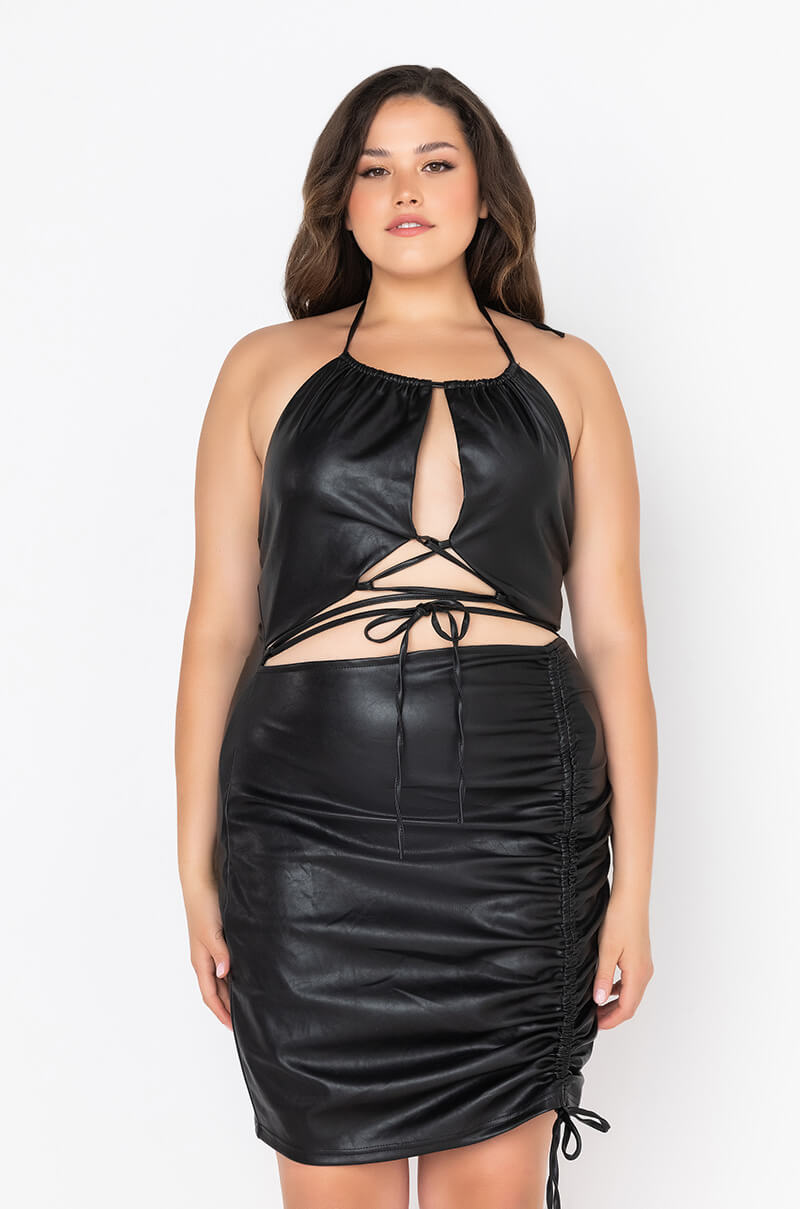 PLUS 50 SHADES OF SLAY LACE UP FAUX LEATHER RUCHED MINI DRESS AKIRA PLUS 50 SHADES OF SLAY LACE UP FAUX LEATHER RUCHED MINI DRESS AKIRA