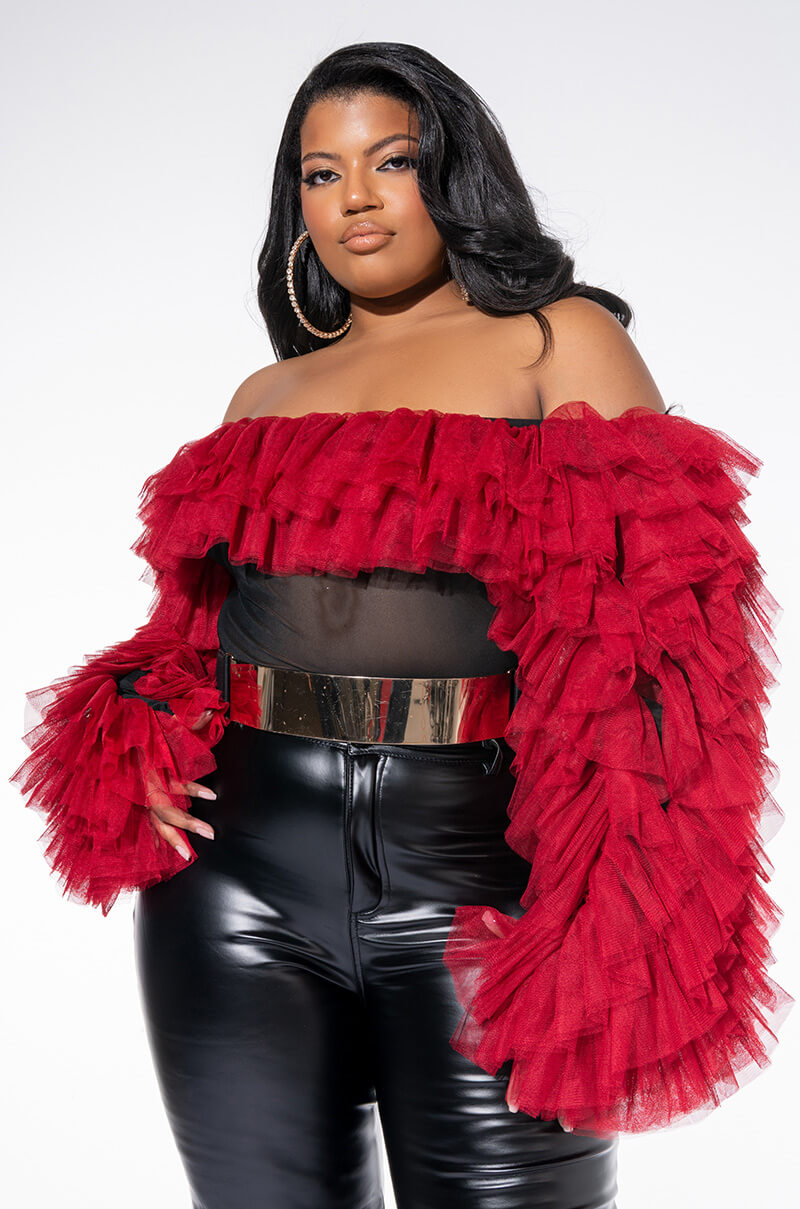 Front View Plus Award Winner Multi Ruffle Bodysuit