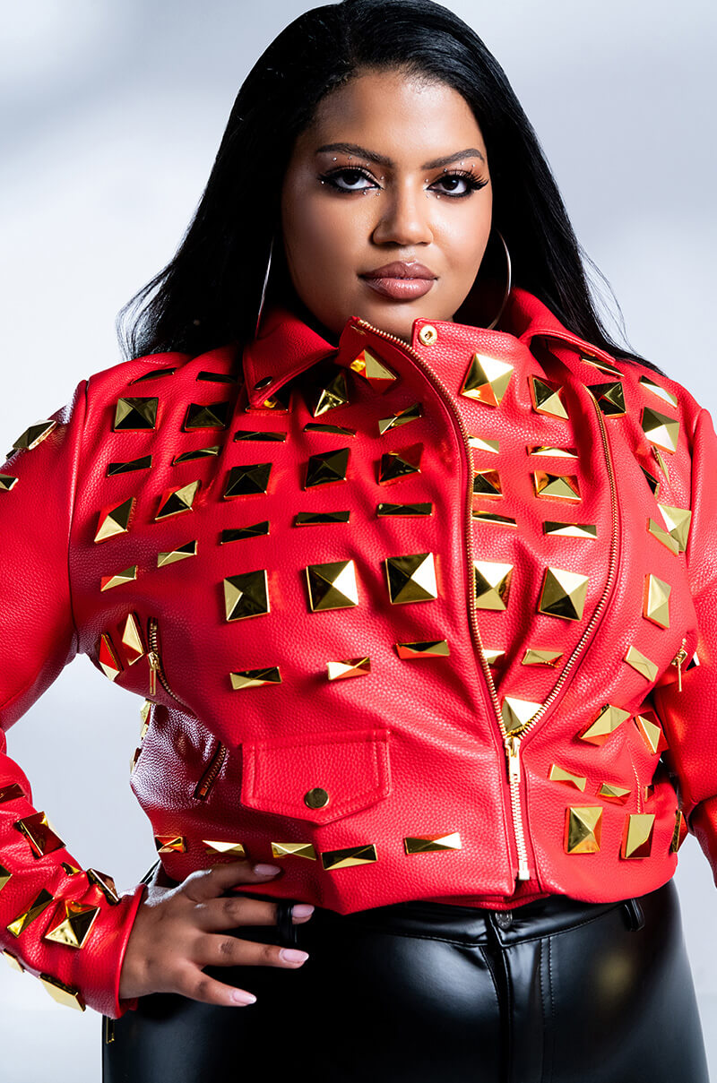 Front View Plus Azalea Wang Backstage Moto Jacket With Oversized Square Studs view 1