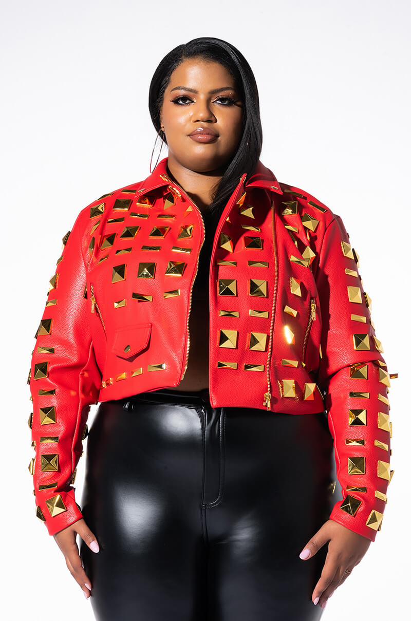 Detail View Plus Azalea Wang Backstage Moto Jacket With Oversized Square Studs view 4