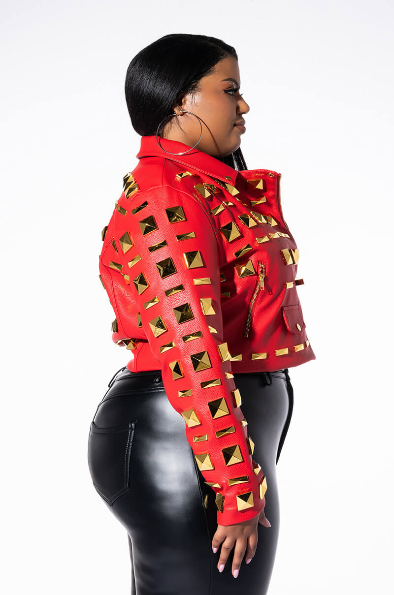 Full View Plus Azalea Wang Backstage Moto Jacket With Oversized Square Studs view 5