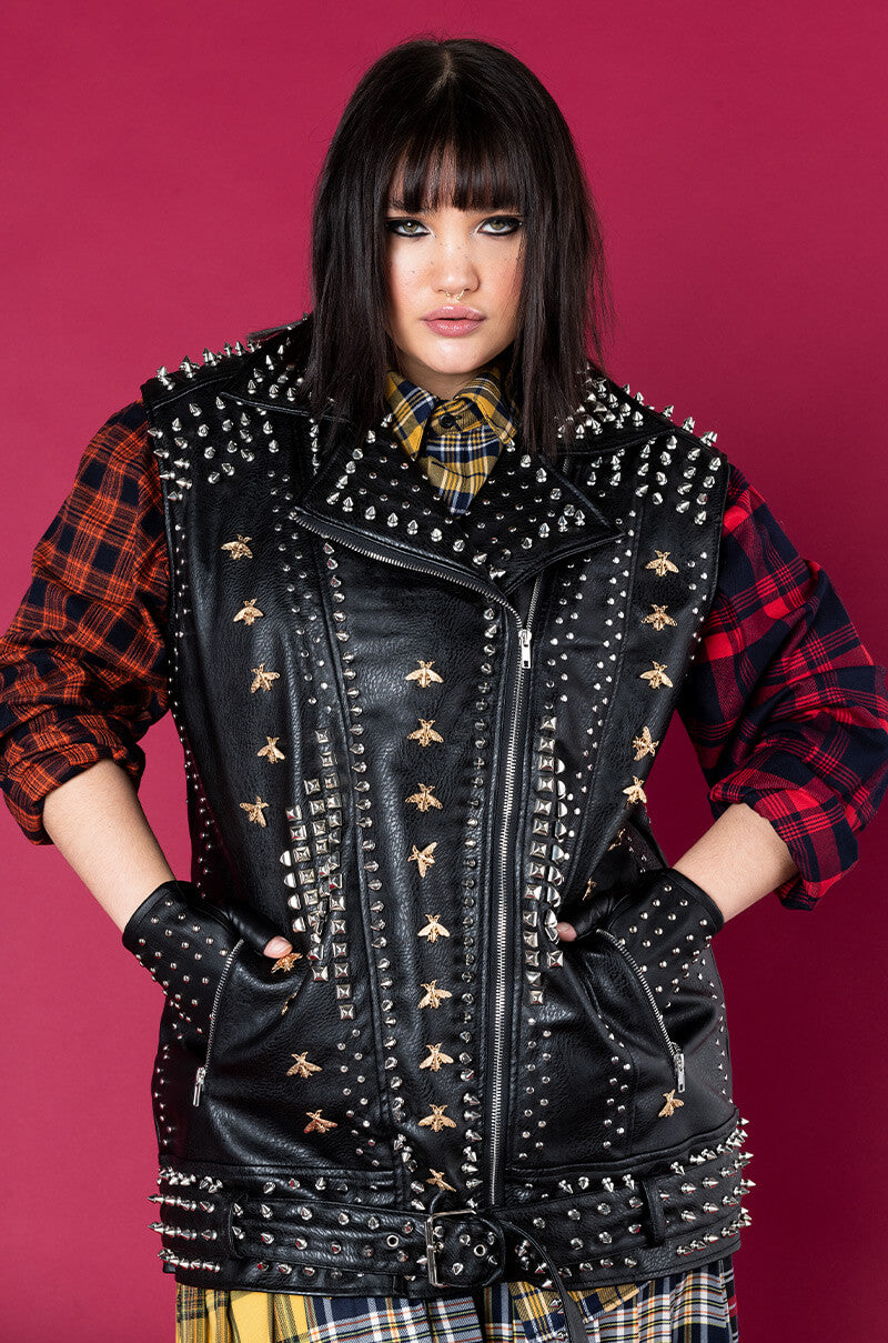 Front View Plus Azalea Wang Beehive Studded Out Oversized Moto Vest