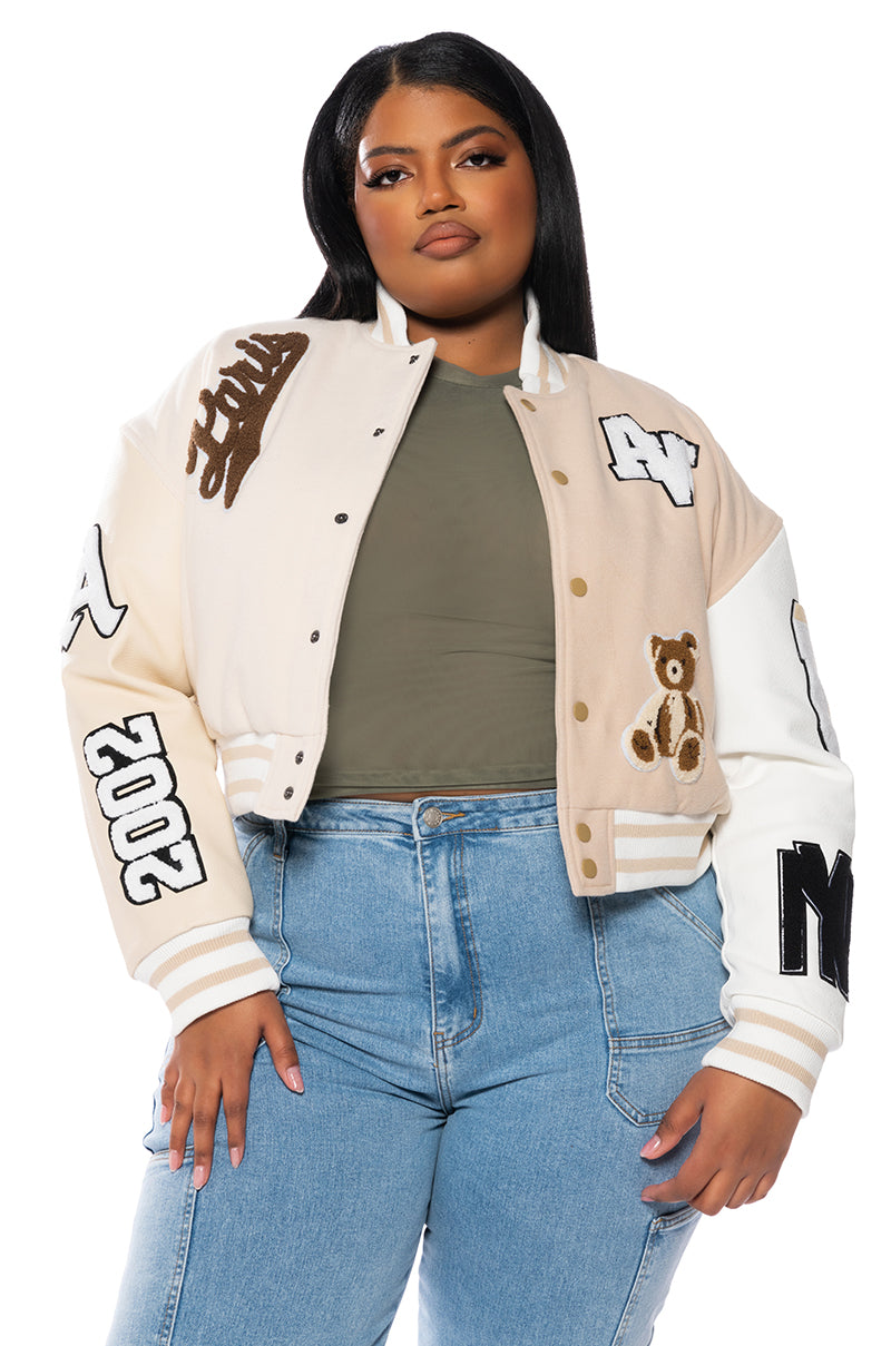 Front View Plus Azalea Wang Beige Ruela Varsity Jacket