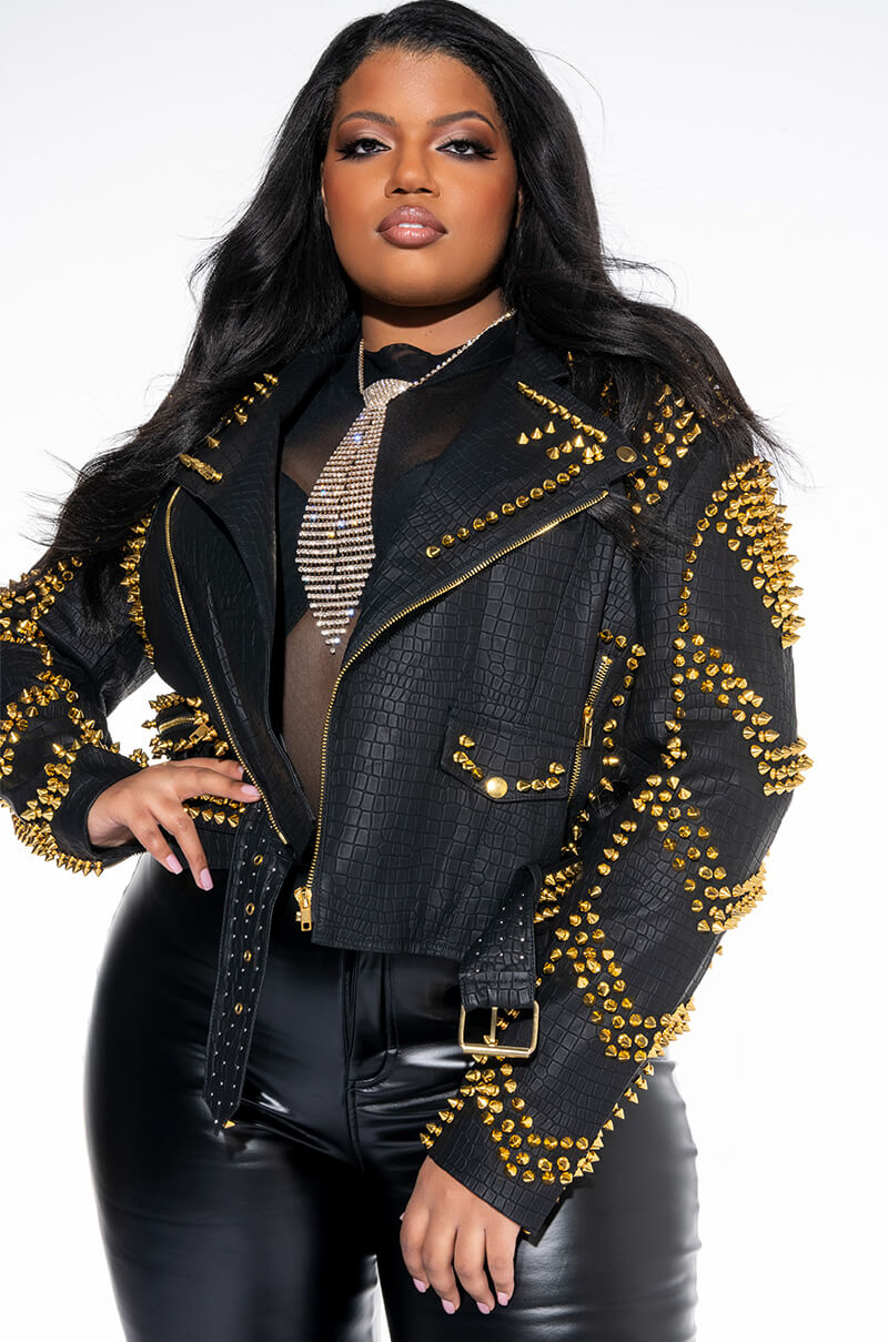Front View Plus Azalea Wang City Slicker Gold Stud Croc Moto Jacket 0