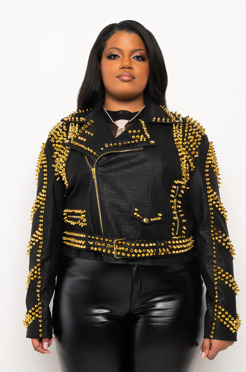 Detail View Plus Azalea Wang City Slicker Gold Stud Croc Moto Jacket 3