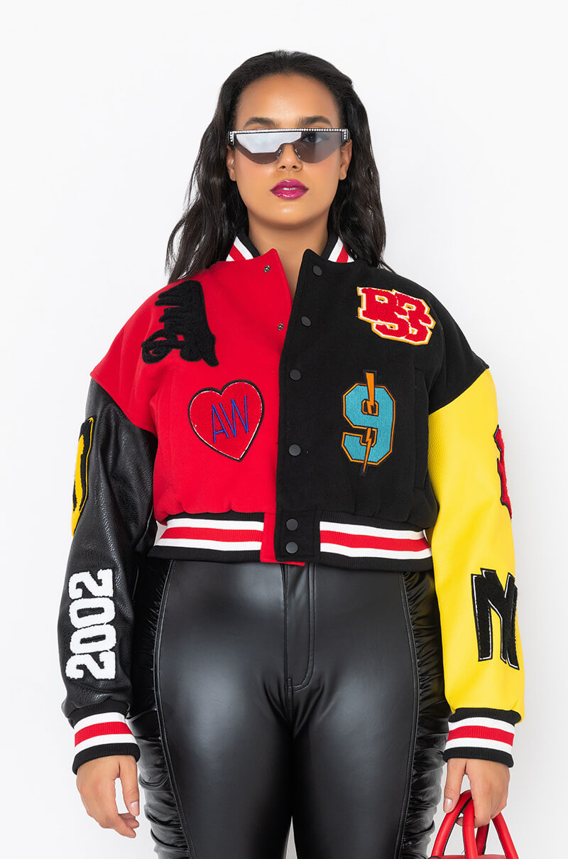 Side View Plus Azalea Wang Color Black Varsity Bomber