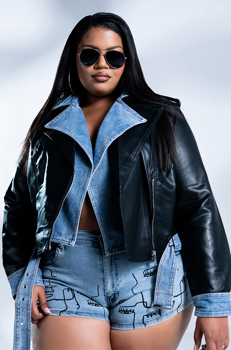 Front View Plus Azalea Wang Double Trouble Denim Moto Jacket