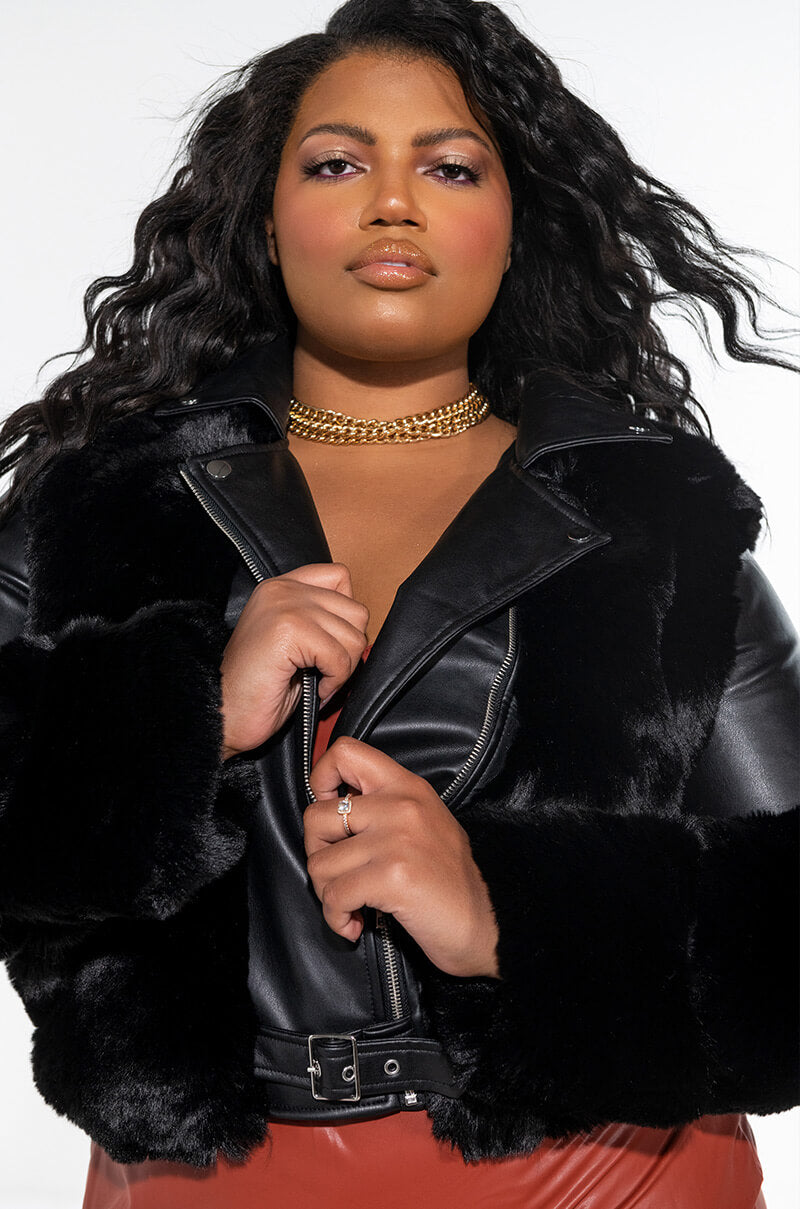 Front View Plus Azalea Wang Keep It Cute Faux Fur Panel Moto Jacket
